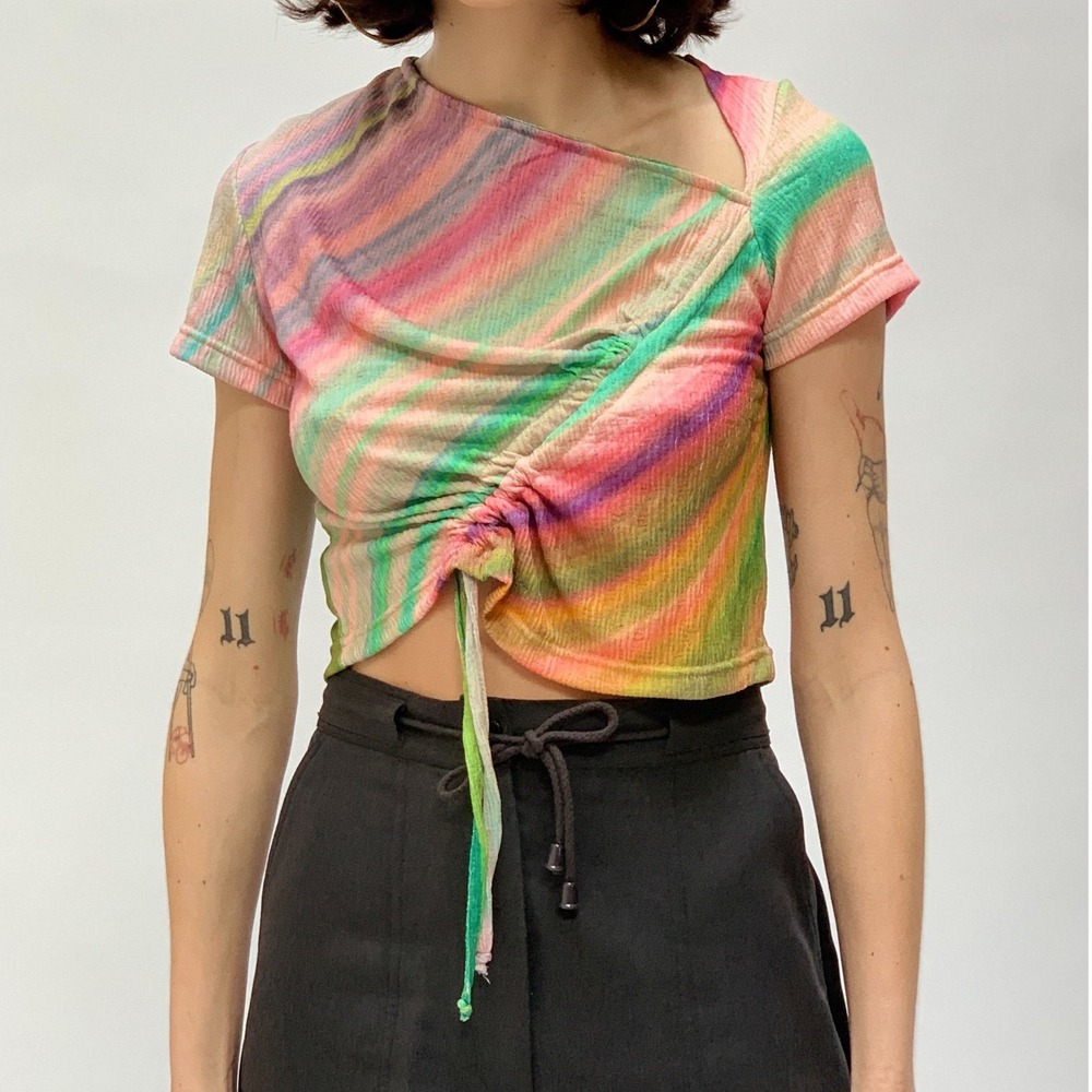 Tach Clarissa Top Multicolor Asymmetrical Ruched Drawstring - XLarge